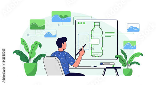Graphic designer creating a label design for a new bottled water product on a computer screen