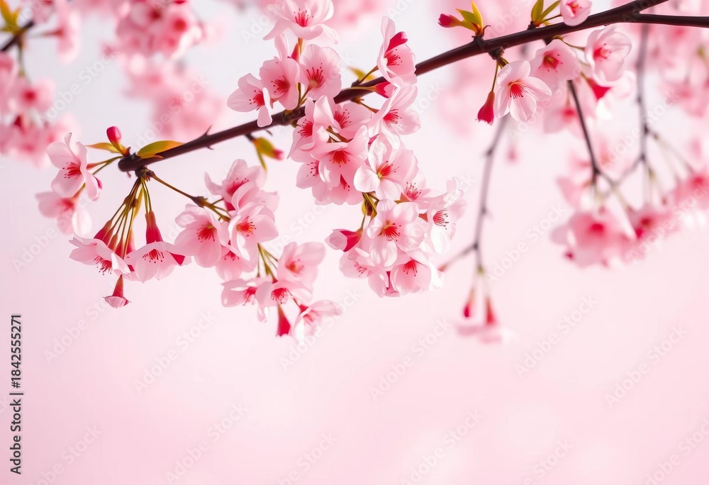 Fototapeta premium Soft pink cherry blossoms falling on pastel background, illustration, blossom
