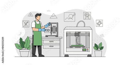 Illustration of a man operating a 3D printer in a workshop setting with abstract design elements