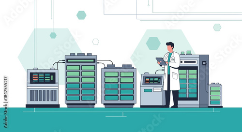 Illustration of a scientist inspecting energy storage system in laboratory setting