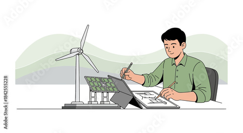 Illustration of an architect developing a sustainable energy project, integrating solar panels and