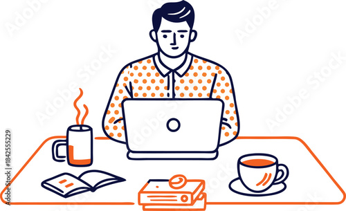 A person sitting at a desk with a laptop and books, working or studying isolated on transparent background, Vector