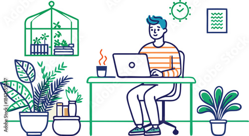 A man working remotely from a comfortable home office surrounded by plants isolated on transparent background, Vector