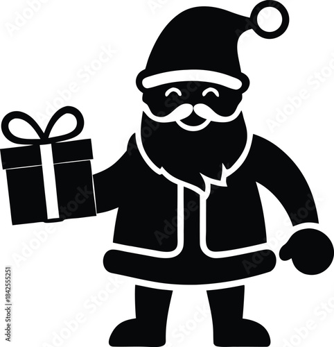 Cartoon Santa Claus holding gift box icon silhouette vector illustration. Simple full body vector drawing of happy Santa with a present