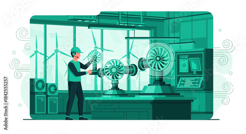 Illustration showcases a dedicated engineer inspecting cutting-edge wind turbine technology within