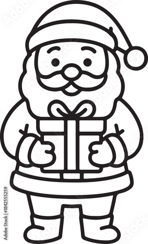Cartoon Santa Claus holding gift box line art icon. Simple full body vector drawing of happy Santa with a present