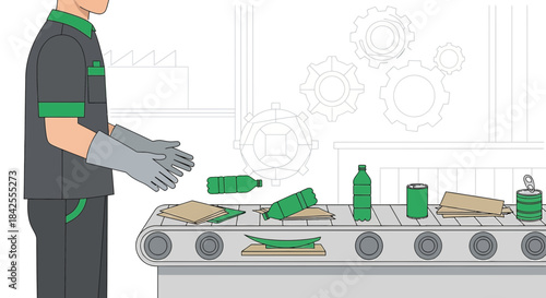 Illustration showcasing a recycling plant worker sorting waste on a conveyor belt system for reuse