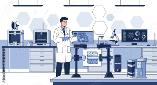 Illustration showcasing advanced laboratory with scientist and 3D printers for innovative research