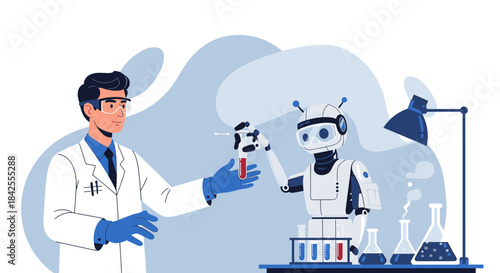 Illustration showing collaboration between a scientist and a robot in a laboratory environment