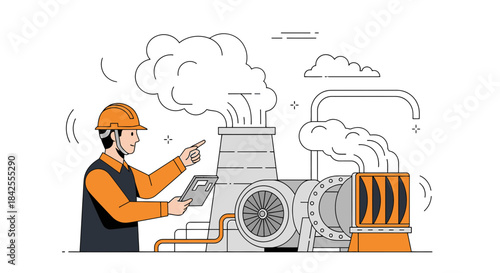 Illustration showcasing an engineer performing inspections at an industrial manufacturing plant