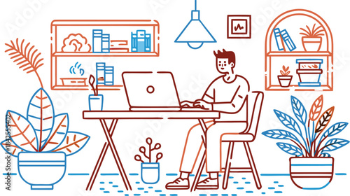 A minimalist illustration of a person working remotely from a home office with plants isolated on transparent background, Vector