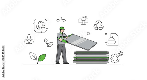 Illustrative depiction of a worker in a sustainable industrial environment focused on recycling