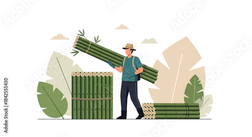 Illustrative scene of a worker carrying freshly harvested bamboo stalks with tropical foliage