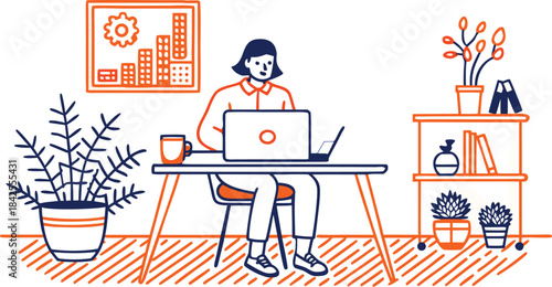 A young professional works remotely on her laptop in a comfortable home office environment isolated on transparent background, Vector