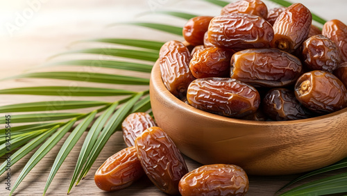 A wooden bowl filled with dates sits on a table, surrounded by date leaves and a light background. with a close-up view.