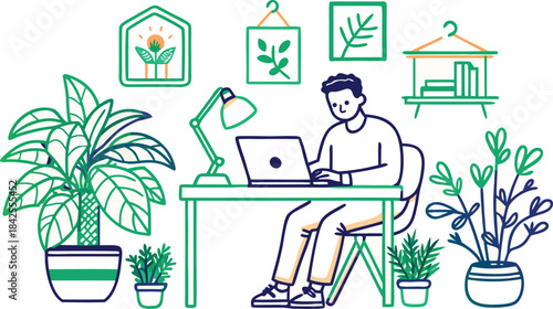 Integrating nature and greenery into a home office workspace for remote work isolated on transparent background, Vector