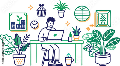 A man working on a laptop in a green home office environment surrounded by plants isolated on transparent background, Vector