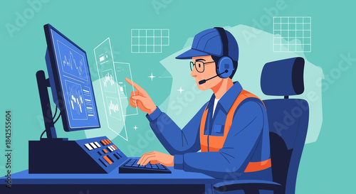 Industrial worker analyzing data and controls on a computer at a control panel workstation