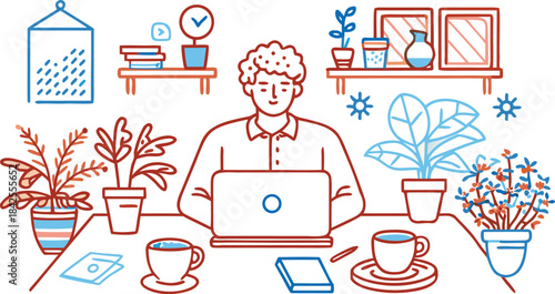 Man working from home with a laptop, plants, and coffee on a comfortable desk isolated on transparent background, Vector