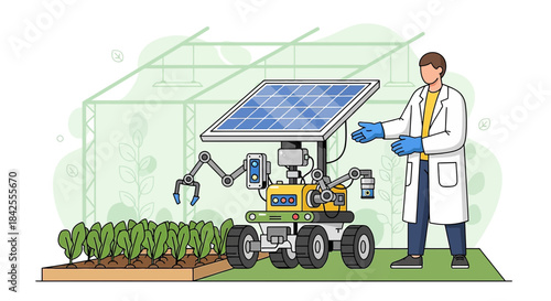 Innovative agricultural robotics illustration featuring a solar-powered farming robot and agronomist