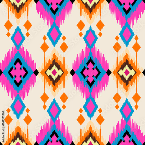 Ethnic ikat dye yarns weaving seamless pattern. Vector hand drawn craftsmanship, embroidery, bohemian, abstract geographic art fabric ikat textile material design for clothing, wallpaper, carpet