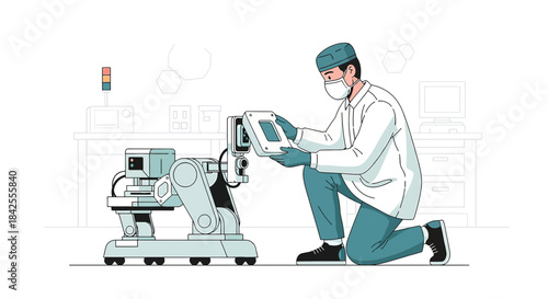 Innovative robotic integration engineer setting up equipment in laboratory environment for