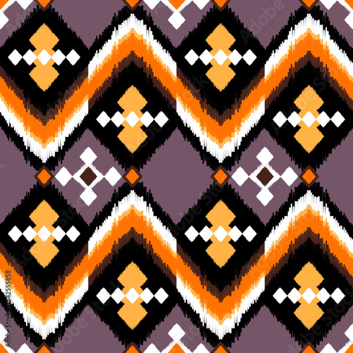 Ethnic ikat dye yarns weaving seamless pattern. Vector hand drawn craftsmanship, embroidery, bohemian, abstract geographic art fabric ikat textile material design for clothing, wallpaper, carpet