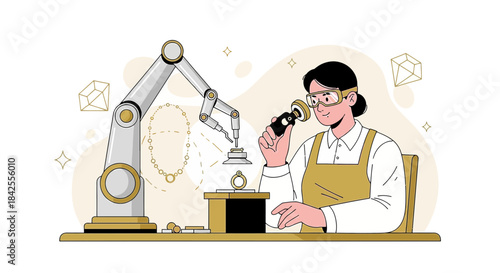Jewelry crafting with automation, a woman working with a robotic arm for precision creation of