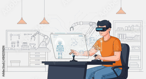 Man in virtual reality creating a robot for his workshop through an innovative interface