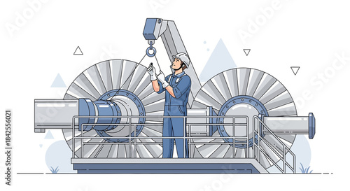 Maintenance engineer meticulously inspecting industrial turbine machinery with crane system safety