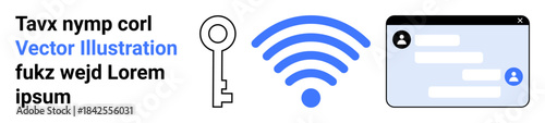 Data security, online communication, authentication, internet access, cybersecurity, digital identification. Key, wireless signal chat window icons. Data security and online communication concept