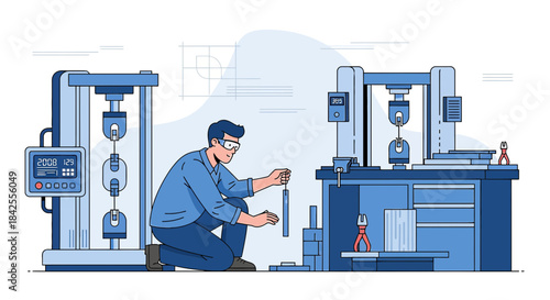 Material testing illustration: Engineer working with tensile testing machines in laboratory