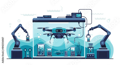 Modern aquatic laboratory with drone analysis and robotic arm specimen sampling concept