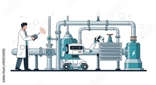 Modern illustration depicting remote industrial automation controlled by a technician using