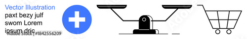 Healthcare, decision making, consumer behavior, economics, wellness, lifestyle choices. Blue medical cross, balance scale and shopping cart icons. Healthcare and decision-making concept