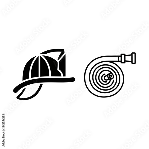 Essential firefighter helmet and coiled hose simple outline icons representing emergency response and public safety services