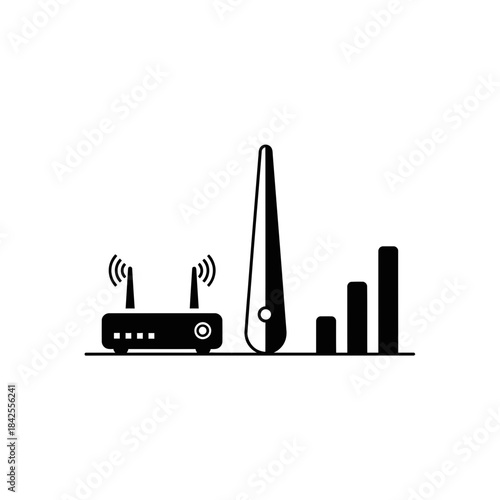 Essential modern technology icons depicting a wireless router signal strength and data transmission success for digital connectivity concepts