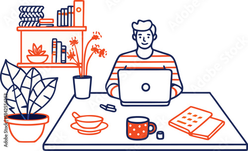 A man working on his laptop at a desk with plants and coffee in a modern illustration style isolated on transparent background, Vector