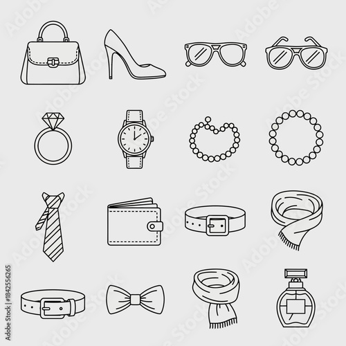 Essential modern accessories collection featuring stylish handbags shoes jewelry belts scarves and fragrance icons for fashion design