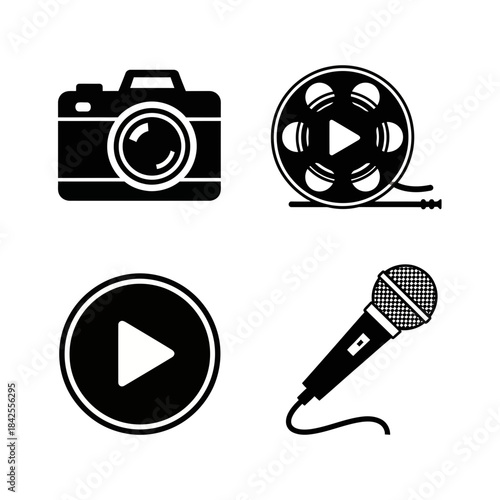 Essential media production icons featuring a camera film reel play button and microphone for modern content creation projects