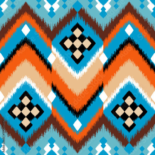 Ethnic ikat dye yarns weaving seamless pattern. Vector hand drawn craftsmanship, embroidery, bohemian, abstract geographic art fabric ikat textile material design for clothing, wallpaper, carpet
