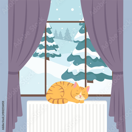Cute striped cat lying on a hot heating radiator.Cozy winter vector illustration