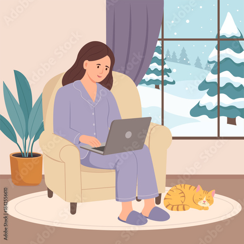 Woman working from home, distant or remote work. Girl in pajamas with laptop sitting on a  comfortable armchair. Vector Illustration