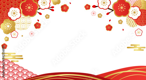 Stylish red and gold Chinese New Year banners, adorned with plum blossom and cloud patterns, are suitable for New Year greeting cards, website banners, or Lunar New Year promotional activities.