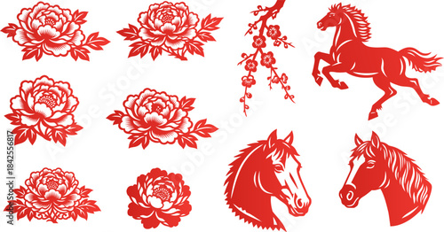 This red paper-cut style horse and peony flower element set is perfect for DIY crafts, scrapbooking, digital stickers, or cultural design projects.