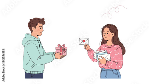 Gift Exchange: An illustration capturing a moment of generosity, where a young man presents a beautifully wrapped gift to a young woman, and she reciprocates with a stack of letters.