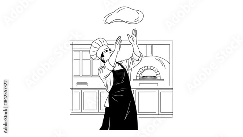 Chef Tossing Pizza Dough Continuous Line Art – Open Kitchen Cooking Illustration