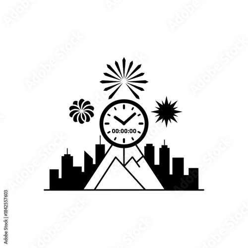 Countdown clock fireworks mountainpeak arcburst silhouette vector illustration