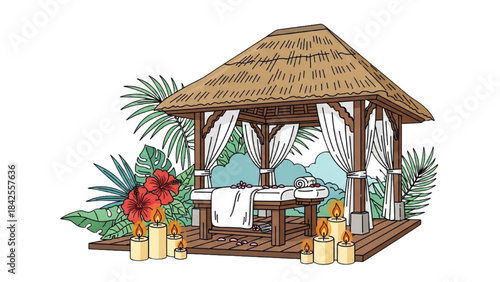 Luxury Spa Pavilion Colorful Line Art – Massage Table and Candles Illustration