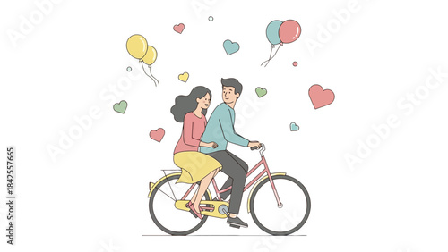 Romantic Cycling: A tender moment unfolds as a couple cycles together, their joy and affection punctuated by floating hearts and balloons, embodying the essence of shared moments and enduring love.